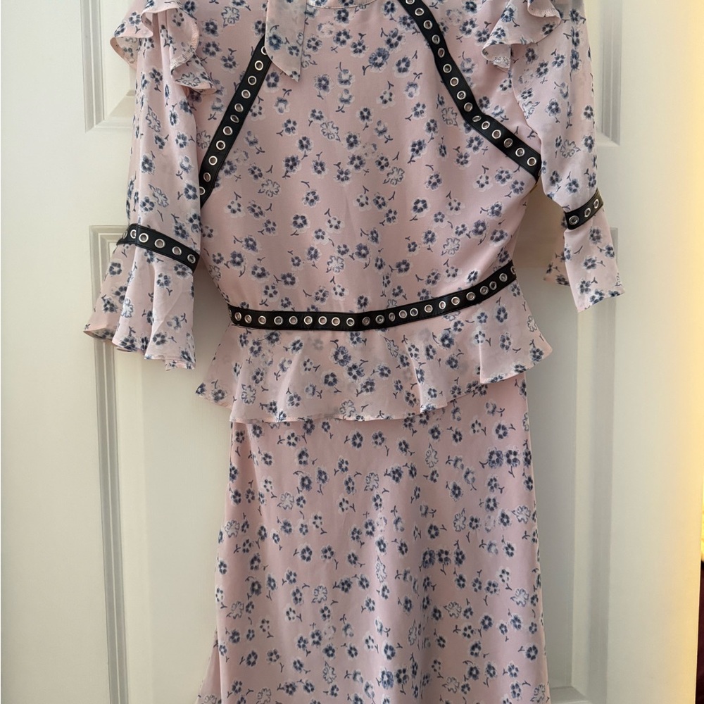 Unlabeled Floral Pink Dress with faux leather detailing- NWOT no callouts!!